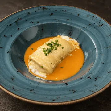 Canelón de ternasco de Aragón napado con bechamel de boletus
