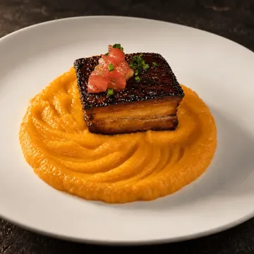 Panceta laqueada al yakitori sobre parmentier de boniato