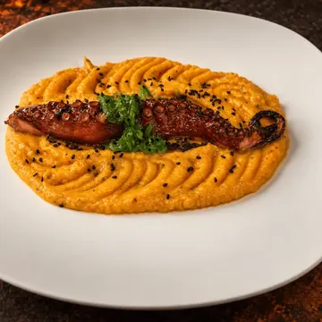 Pulpo marcado en parrilla sobre parmentier de boniato al chimichurri