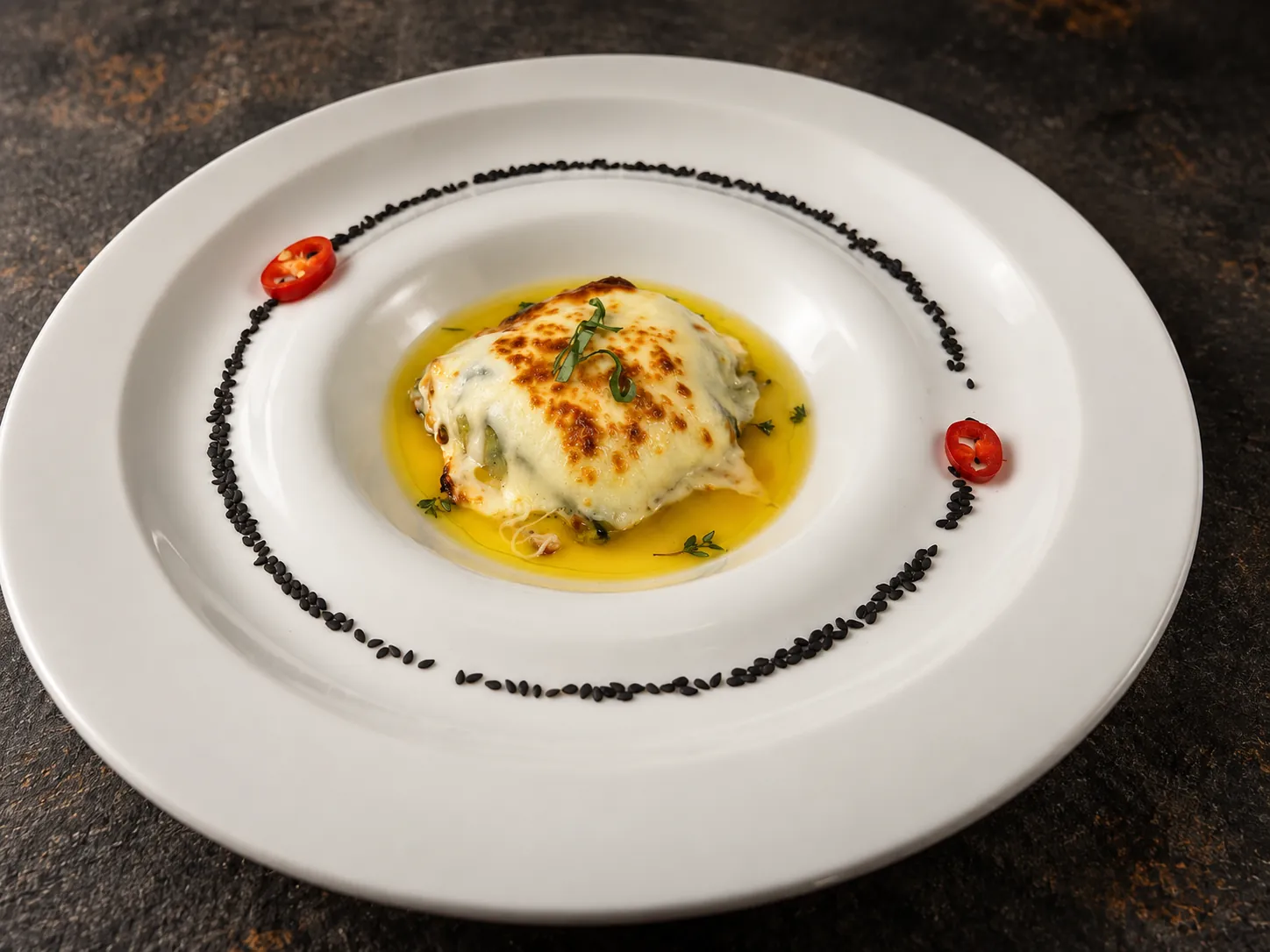 Ravioli de calabacín gratinado sobre salsa de mango