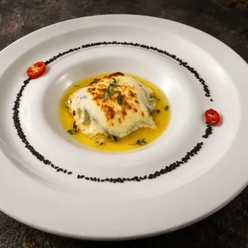 Ravioli de calabacín gratinado sobre salsa de mango