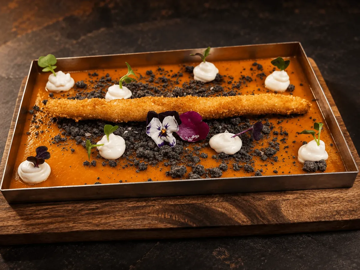 Espárrago blanco crujiente sobre gel de gazpacho con flores comestibles