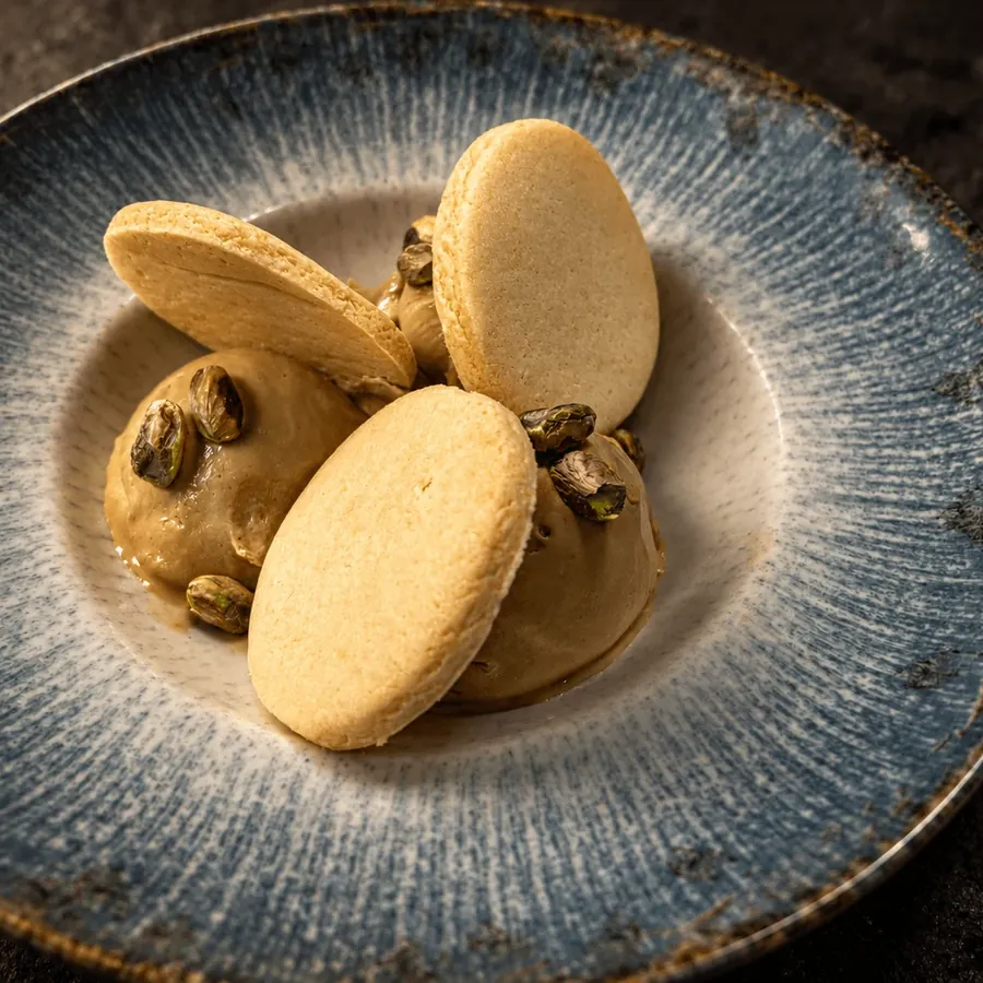 Helado de pistacho tostado con galletas de alfajor