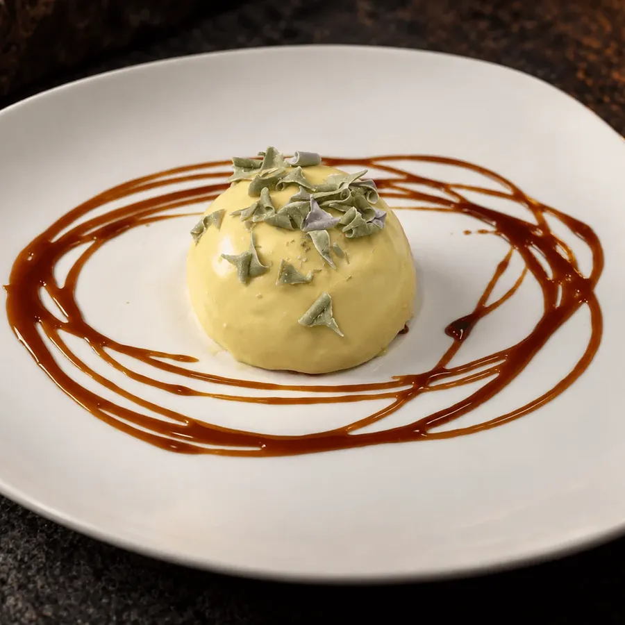 Mousse de lima y limón cubierta de chocolate blanco con caramelo salado